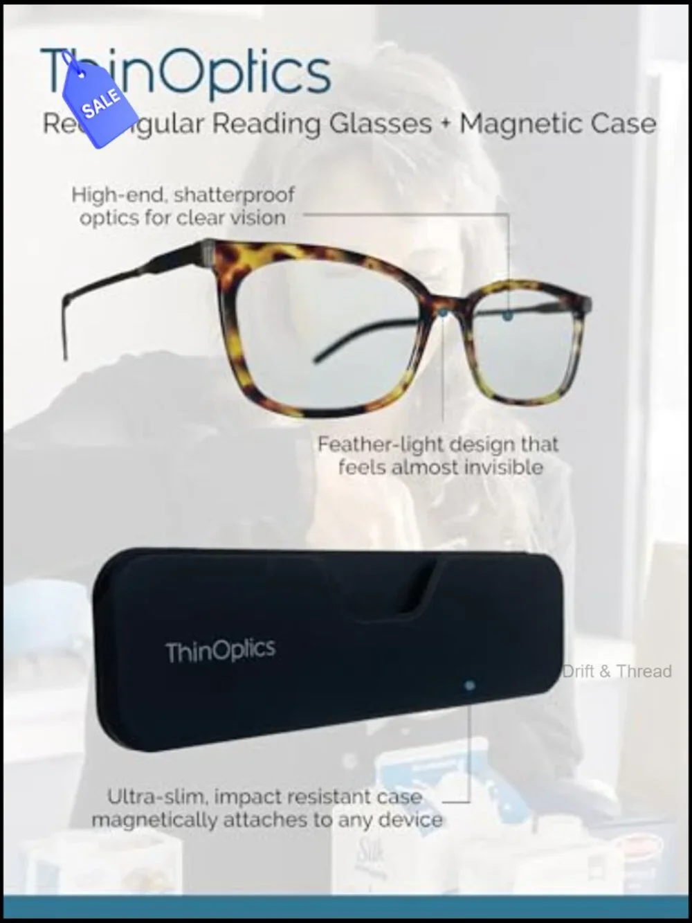 Unisex Adult Reading Glasses with Attachable Case, Lightweight Polycarbonate